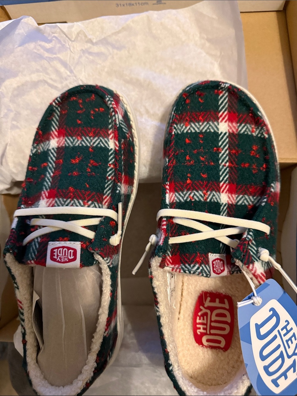Hey Dude Plaid Slip-On Shoes in Green, Red, and White